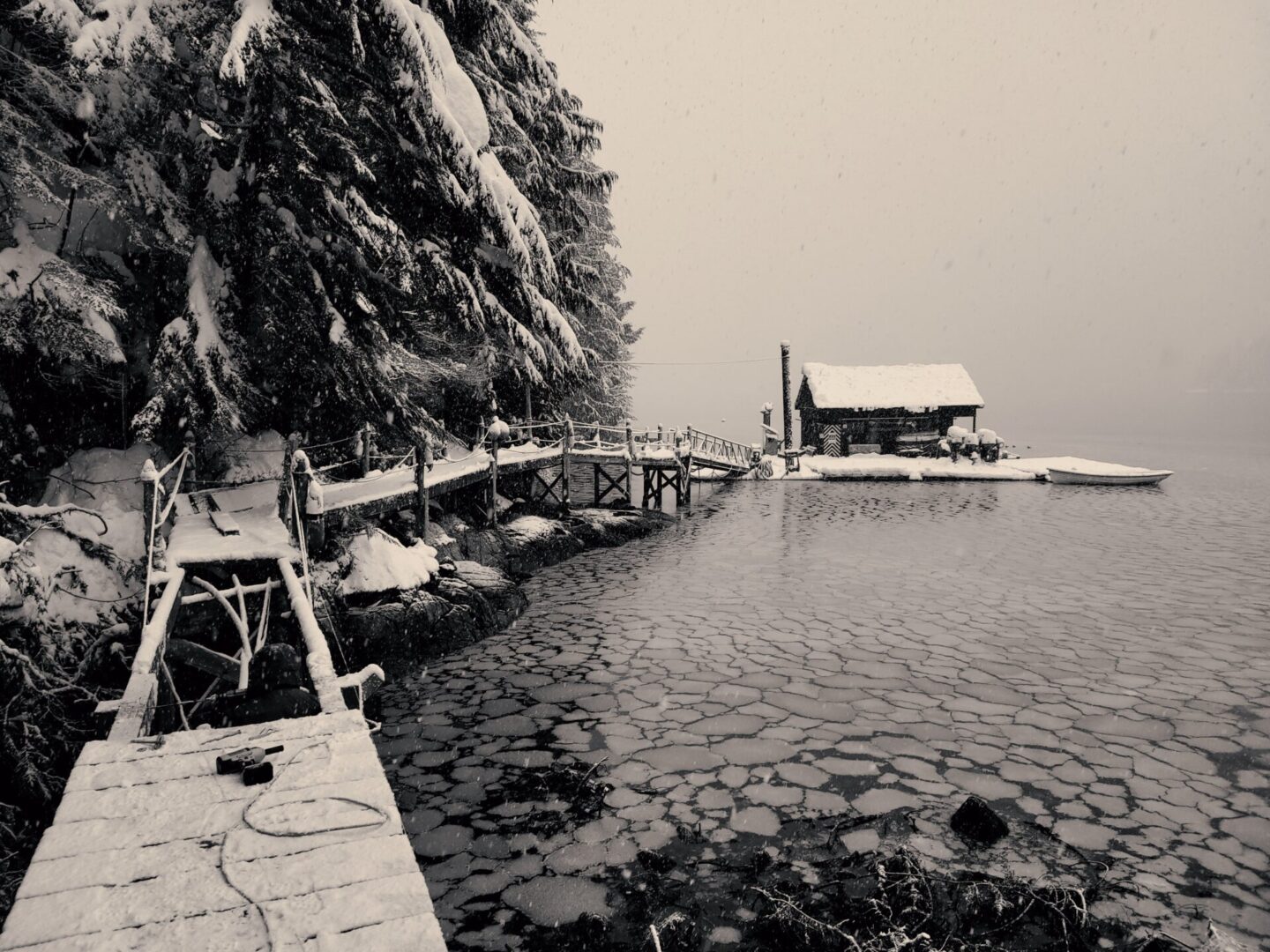 Antique black and white photograph of frozen lake